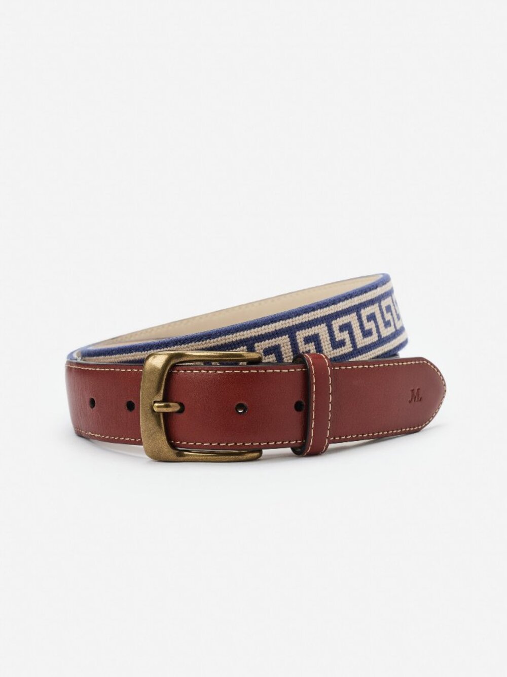 J McLaughlin Needlepoint Belt in Greek Key - Navy/Off White NEW
